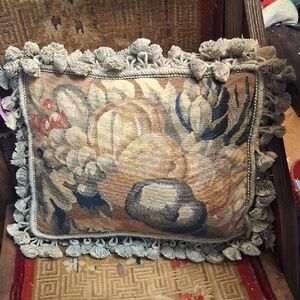 Vintage French Tapesty Nouveau Fruit14" Pillow cover w/ Corded pom Trim